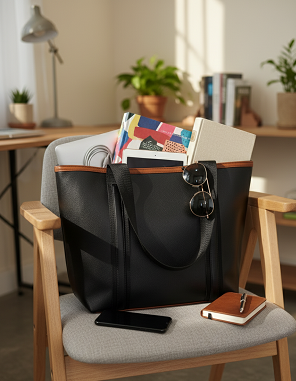 black tote bag with handheld
